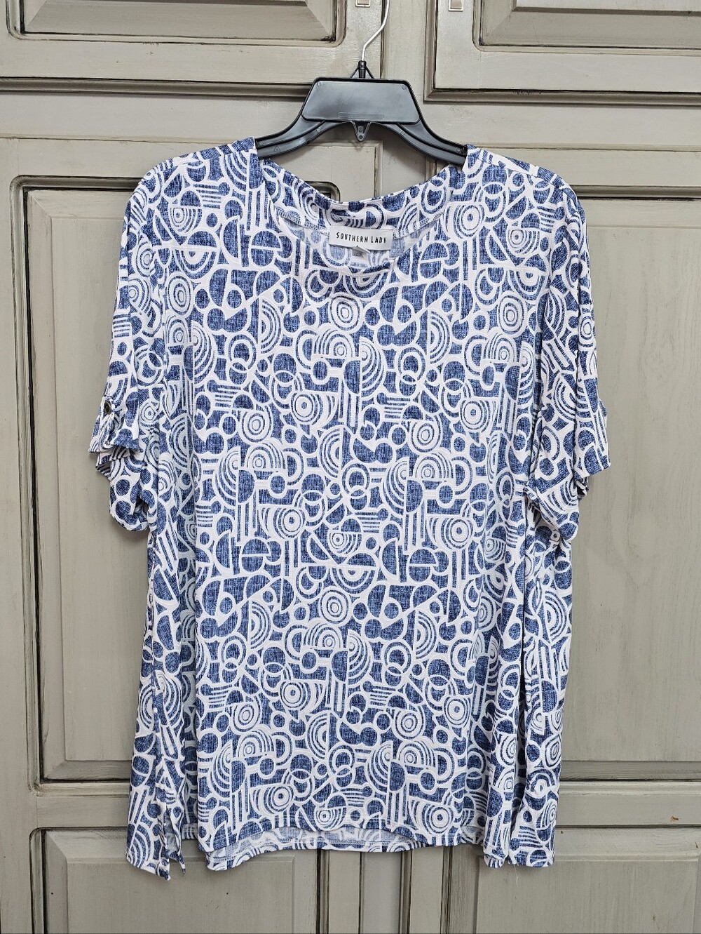 Southern Lady Navy & White Geometric Short Sleeve Blouse
